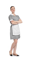 Photo of Full-length portrait of happy chambermaid on white background