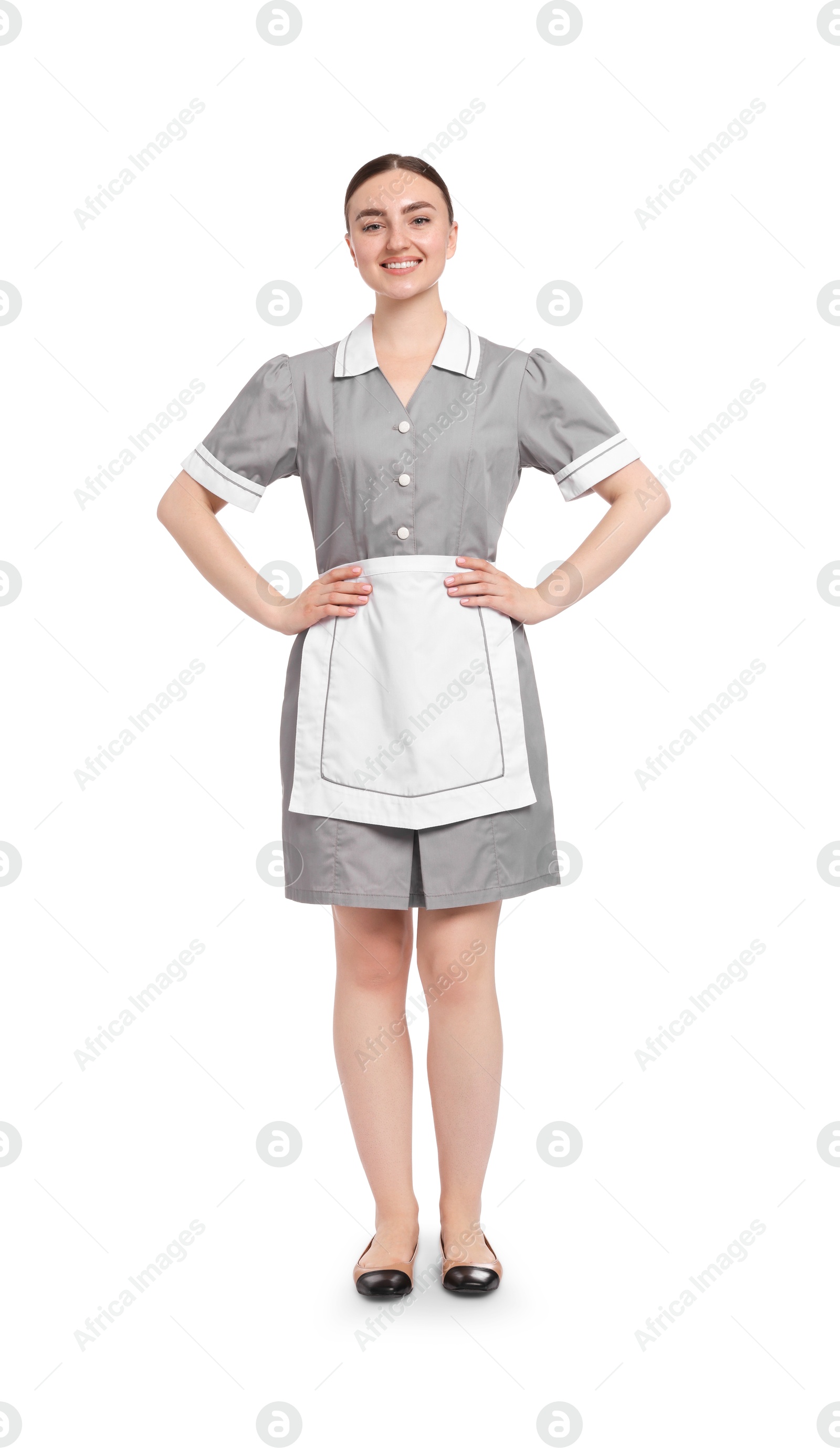 Full-length portrait of happy chambermaid on white background Photo of Full-length portrait of happy chambermaid on white background