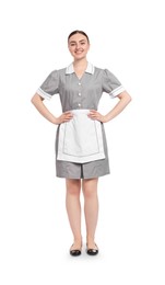 Photo of Full-length portrait of happy chambermaid on white background