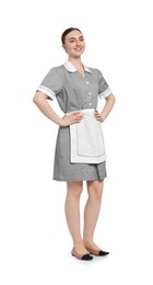 Photo of Full-length portrait of happy chambermaid on white background