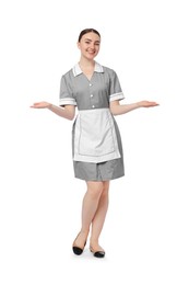 Photo of Full-length portrait of happy chambermaid on white background