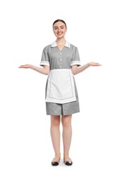 Photo of Full-length portrait of happy chambermaid on white background
