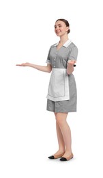 Photo of Full-length portrait of happy chambermaid on white background