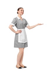 Photo of Full-length portrait of happy chambermaid on white background
