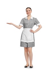 Photo of Full-length portrait of happy chambermaid on white background