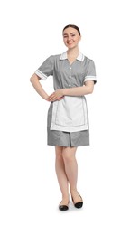 Photo of Full-length portrait of happy chambermaid on white background