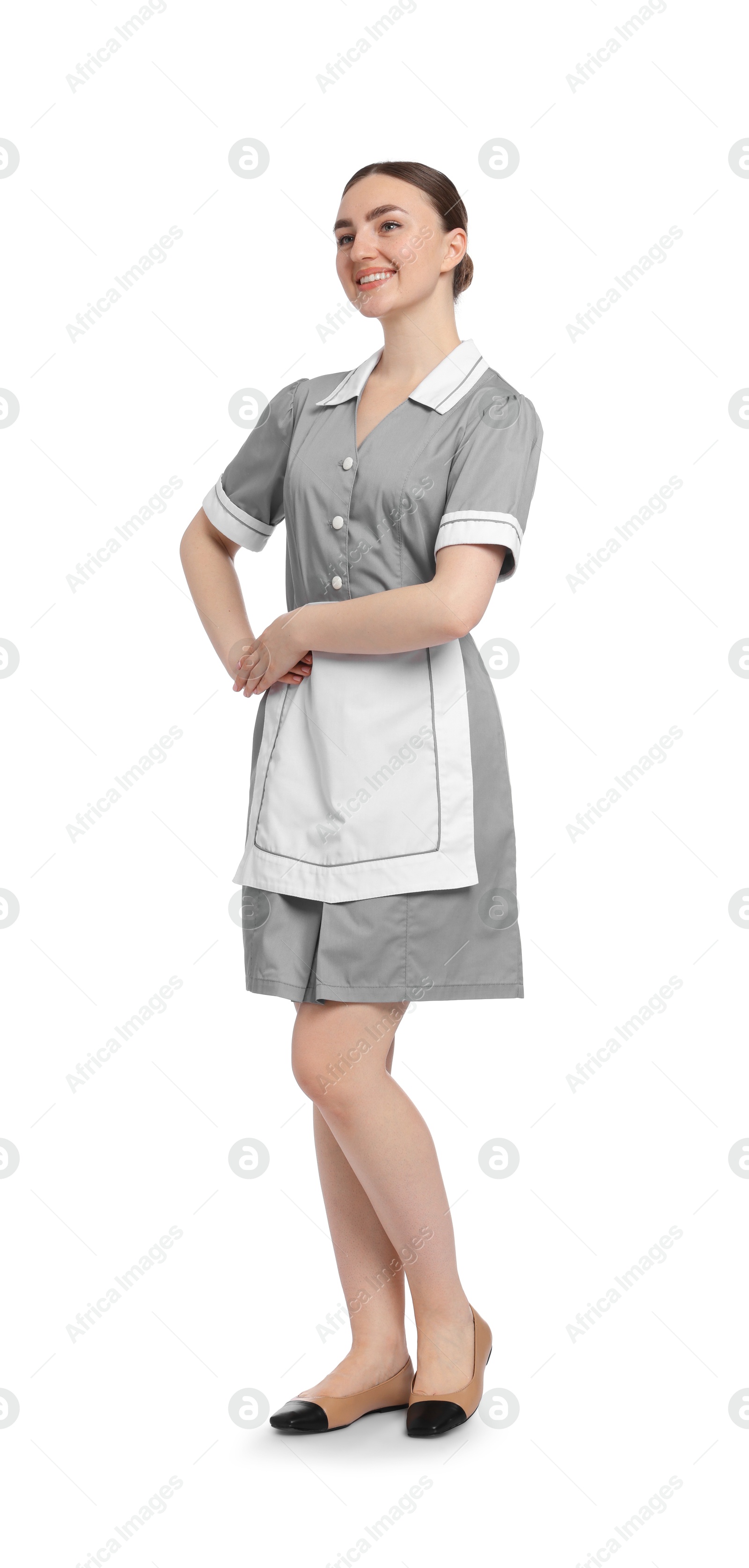 Full-length portrait of happy chambermaid on white background Photo of Full-length portrait of happy chambermaid on white background