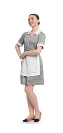 Photo of Full-length portrait of happy chambermaid on white background