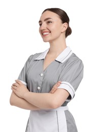 Photo of Portrait of happy chambermaid on white background