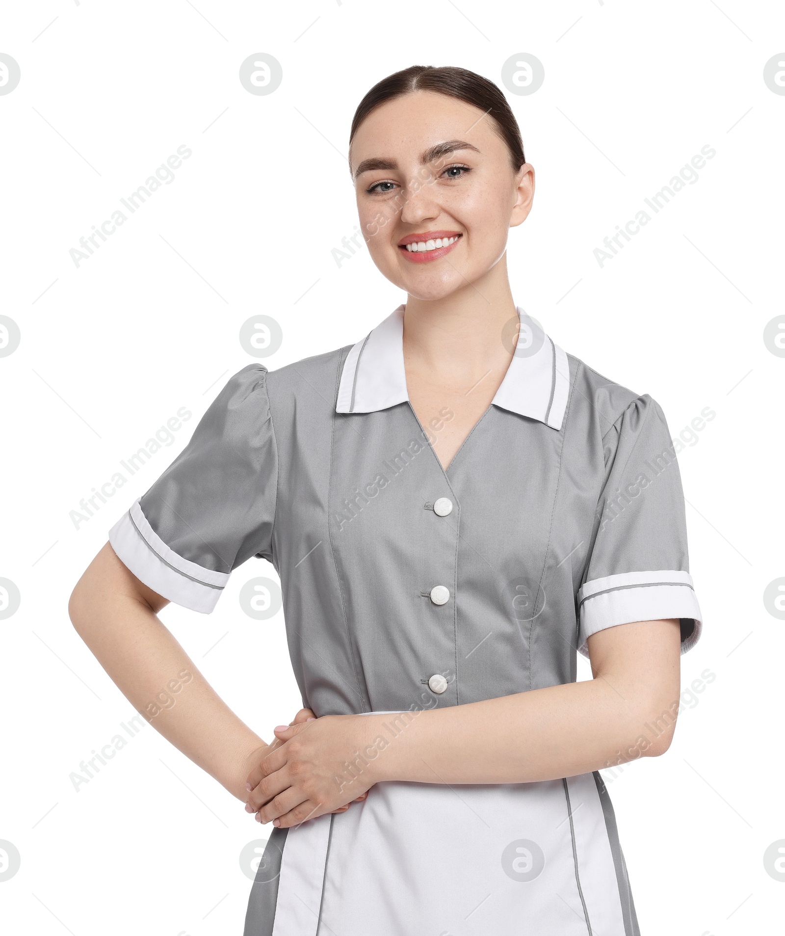 Portrait of happy chambermaid on white background Photo of Portrait of happy chambermaid on white background