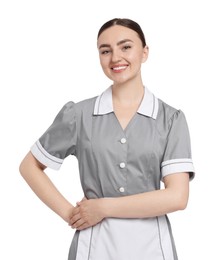Photo of Portrait of happy chambermaid on white background