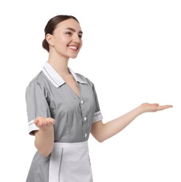 Photo of Portrait of happy chambermaid on white background