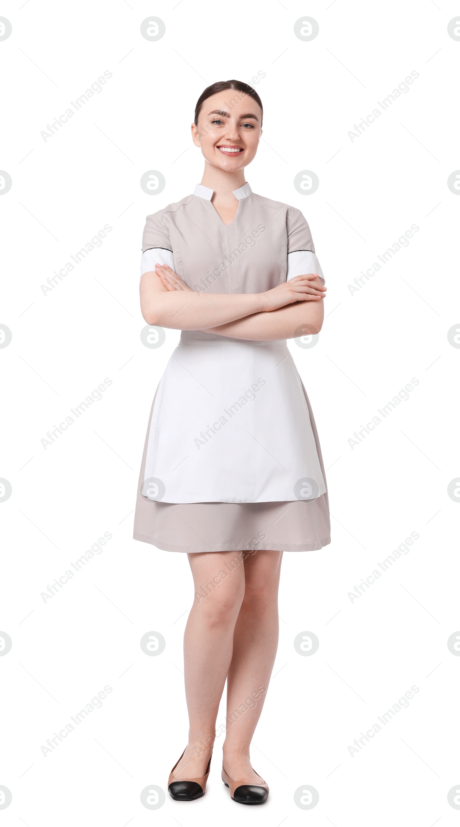 Full-length portrait of happy chambermaid on white background Photo of Full-length portrait of happy chambermaid on white background