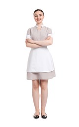 Photo of Full-length portrait of happy chambermaid on white background