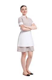 Photo of Full-length portrait of happy chambermaid on white background