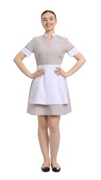 Photo of Full-length portrait of happy chambermaid on white background