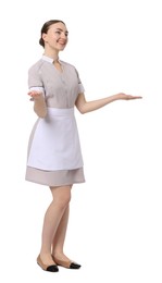 Photo of Full-length portrait of happy chambermaid on white background
