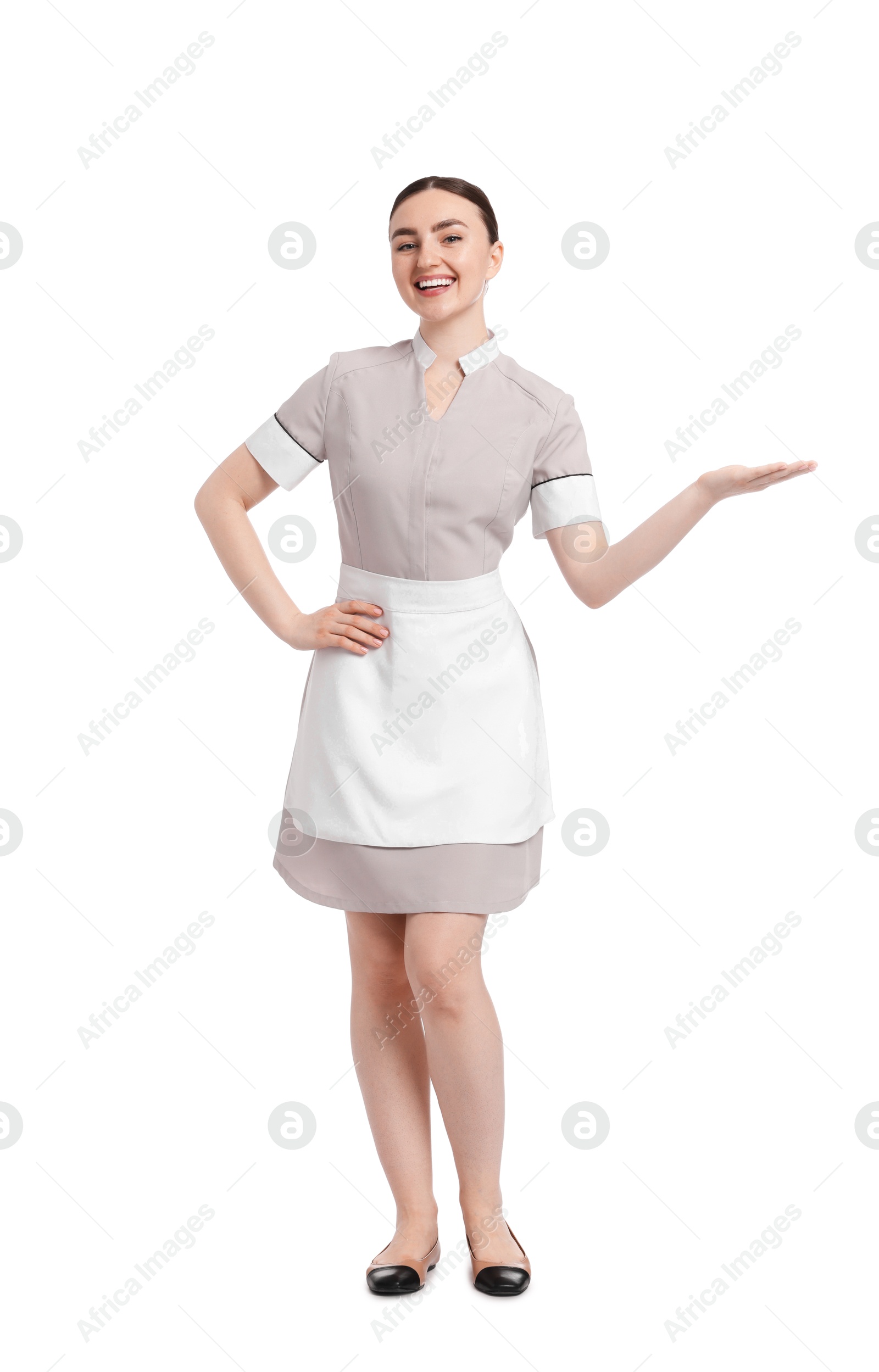 Full-length portrait of happy chambermaid on white background Photo of Full-length portrait of happy chambermaid on white background