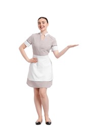 Photo of Full-length portrait of happy chambermaid on white background