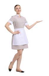 Photo of Full-length portrait of happy chambermaid on white background