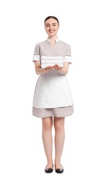 Photo of Chambermaid with stack of clean towels on white background