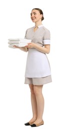 Photo of Chambermaid with stack of clean towels on white background
