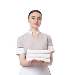 Photo of Chambermaid with stack of clean towels on white background
