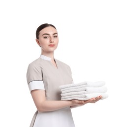 Photo of Chambermaid with stack of clean towels on white background