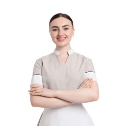 Photo of Portrait of happy chambermaid on white background