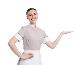 Photo of Portrait of happy chambermaid on white background