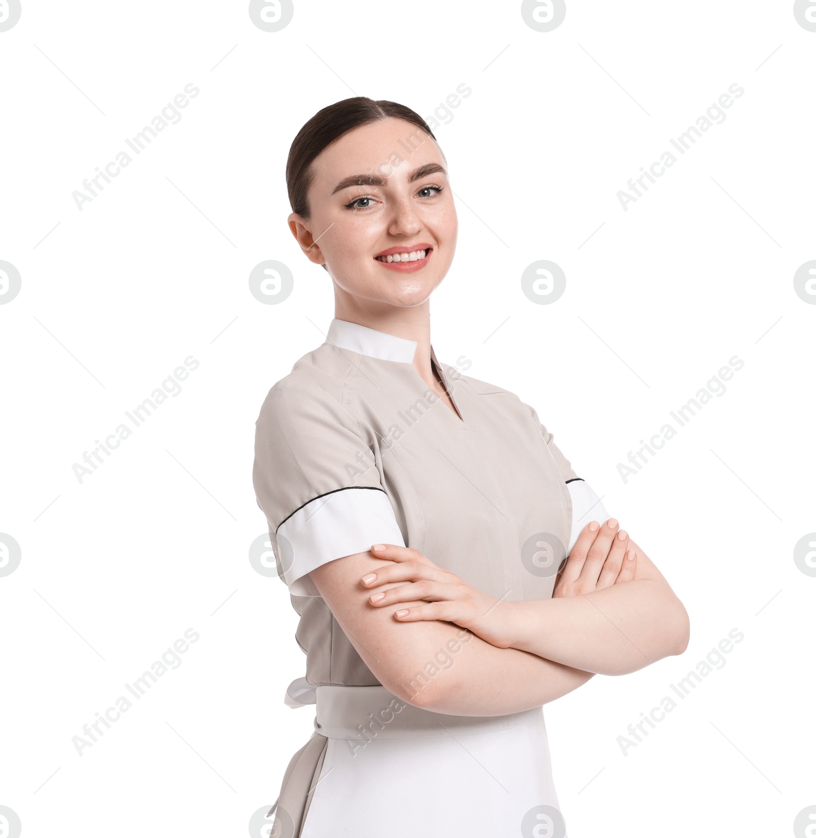 Portrait of happy chambermaid on white background Photo of Portrait of happy chambermaid on white background