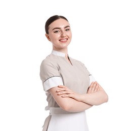Photo of Portrait of happy chambermaid on white background