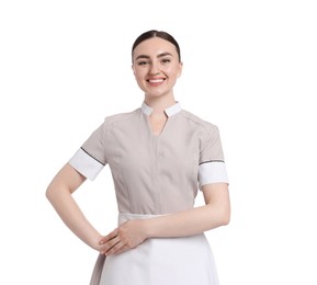 Photo of Portrait of happy chambermaid on white background