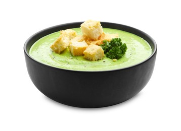 Photo of Tasty pea cream soup with croutons and broccoli isolated on white