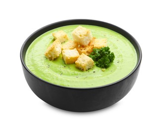 Photo of Tasty pea cream soup with croutons and broccoli isolated on white