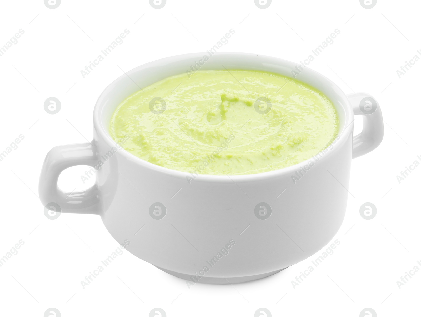 Tasty pea cream soup isolated on white Photo of Tasty pea cream soup isolated on white