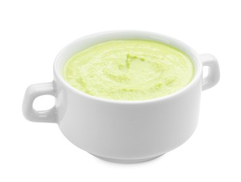 Photo of Tasty pea cream soup isolated on white