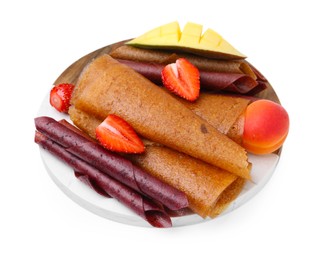 Photo of Delicious fruit leather rolls, berries and mango isolated on white