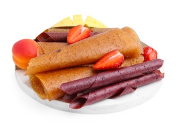 Photo of Delicious fruit leather rolls, berries and mango isolated on white