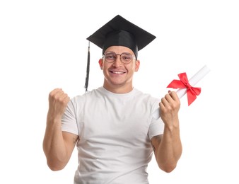 Photo of Happy student with diploma after graduation on white background