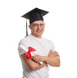 Photo of Happy student with diploma after graduation on white background