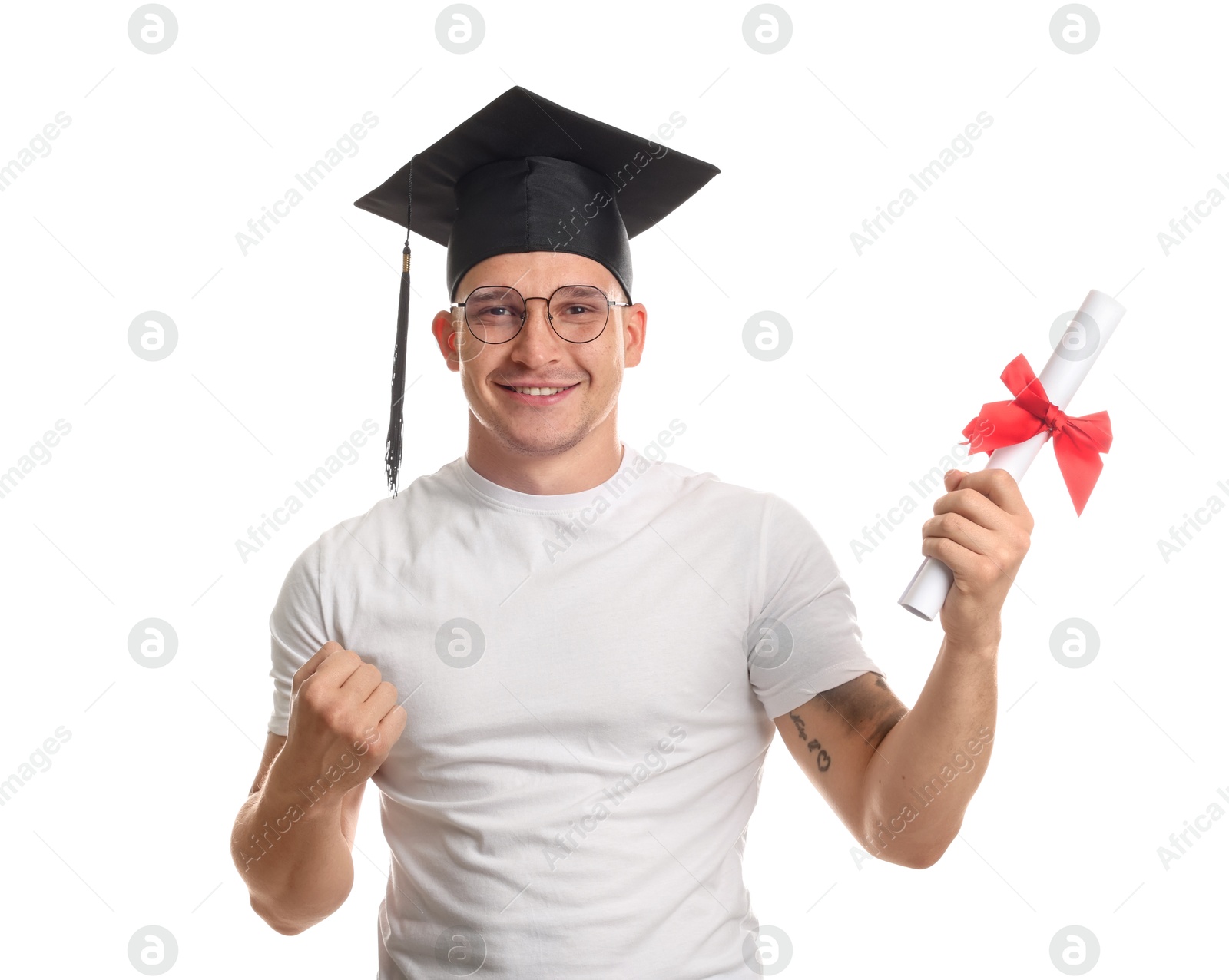 Happy student with diploma after graduation on white background Photo of Happy student with diploma after graduation on white background