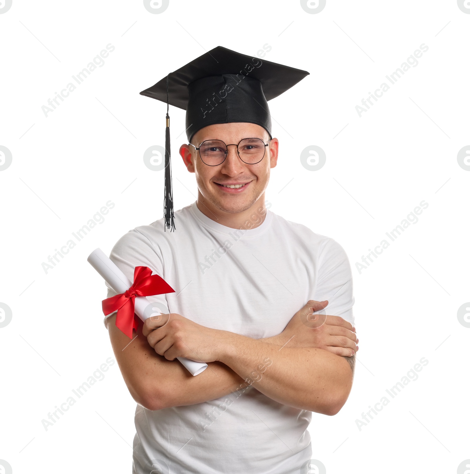 Happy student with diploma after graduation on white background Photo of Happy student with diploma after graduation on white background