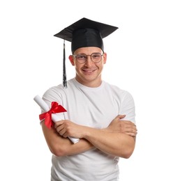Photo of Happy student with diploma after graduation on white background