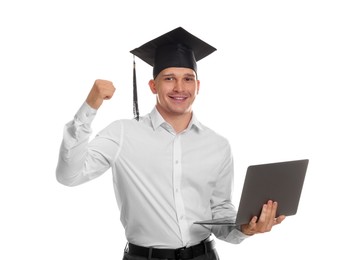 Photo of Happy student with laptop after graduation on white background