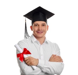 Photo of Happy student with diploma after graduation on white background