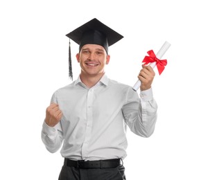 Photo of Happy student with diploma after graduation on white background