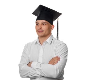 Photo of Student with crossed arms after graduation on white background