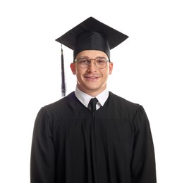 Photo of Happy student after graduation on white background