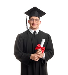 Photo of Happy student with diploma after graduation on white background